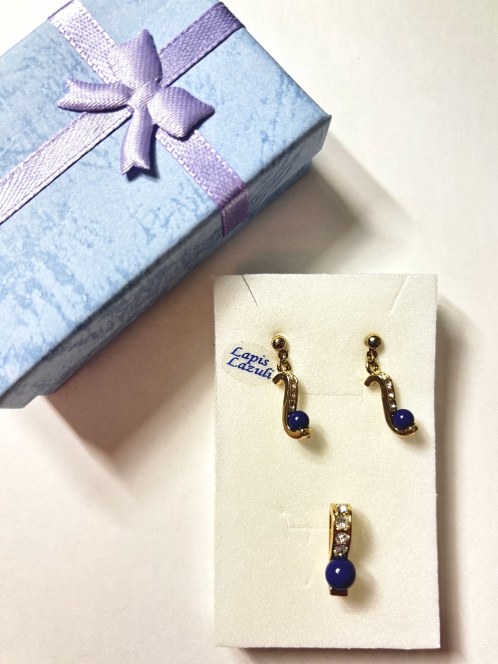 Delicate Vintage Goldtone Crystal and Lapis Lazuli Pendant and Stud Earring Set